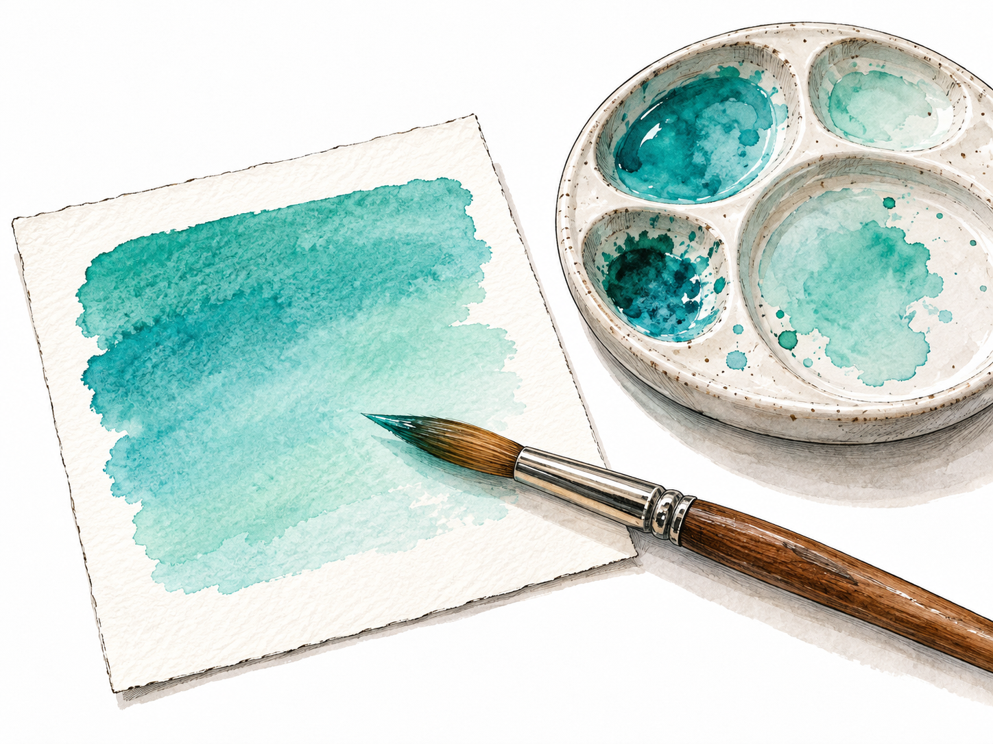 Aqua blue-green paint swatch with brush and ceramic palette.