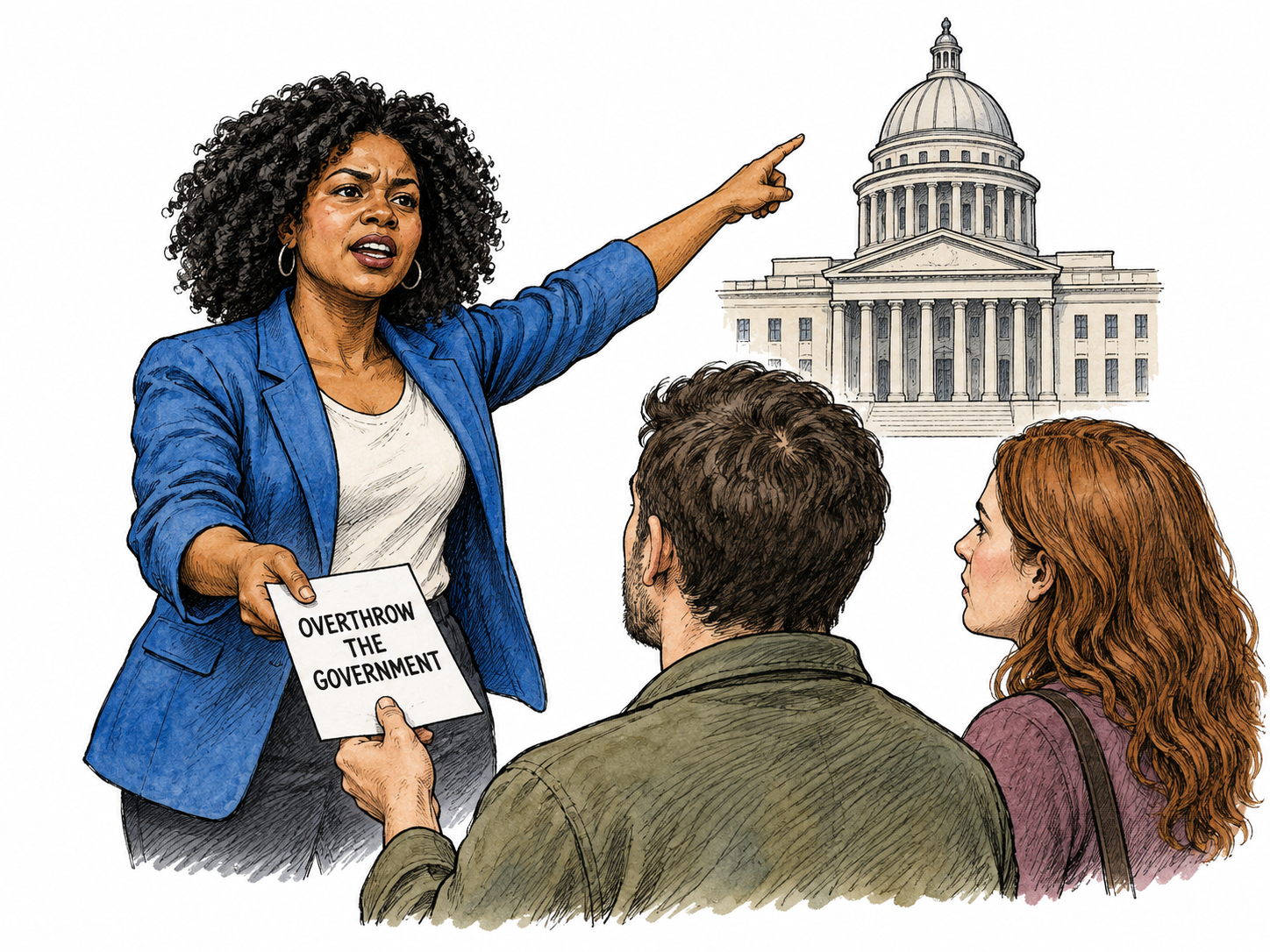 Woman hands out a single plain leaflet bearing brief functional words OVERTHROW THE GOVERNMENT while gesturing defiantly at generic authority-building silhouette; clear encouragement to rebel, no real party, tactics or violence.