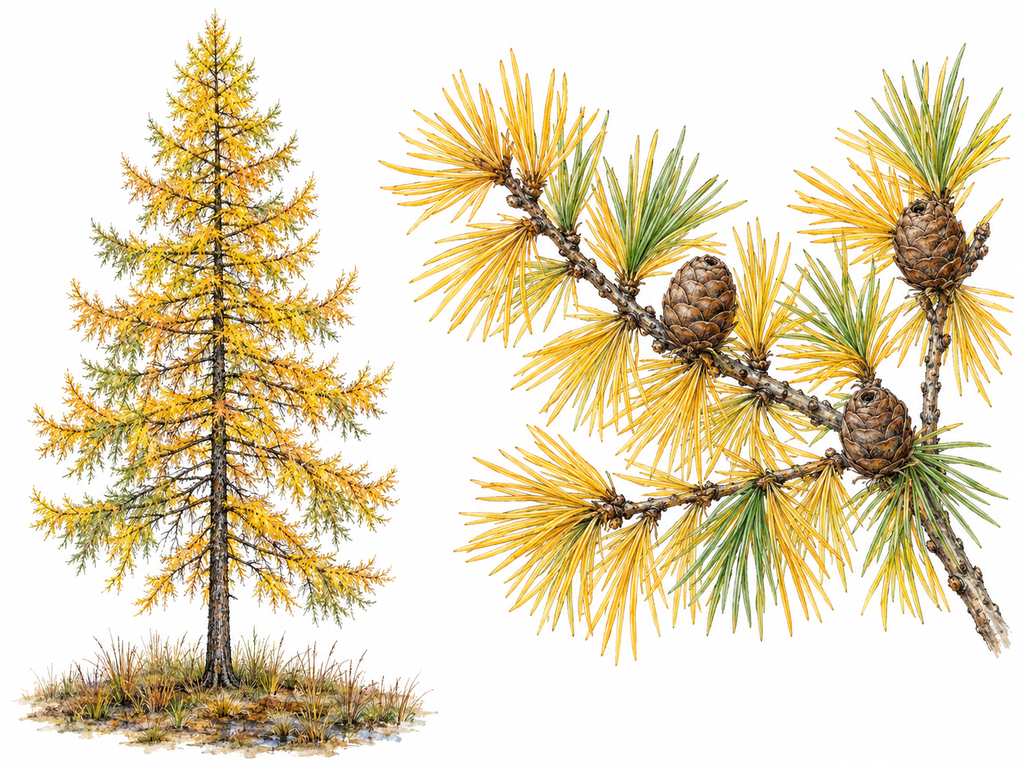 An autumn tamarack with golden-yellow needles, paired with an enlarged branch detail showing its distinctive clustered needles and small upright cones.