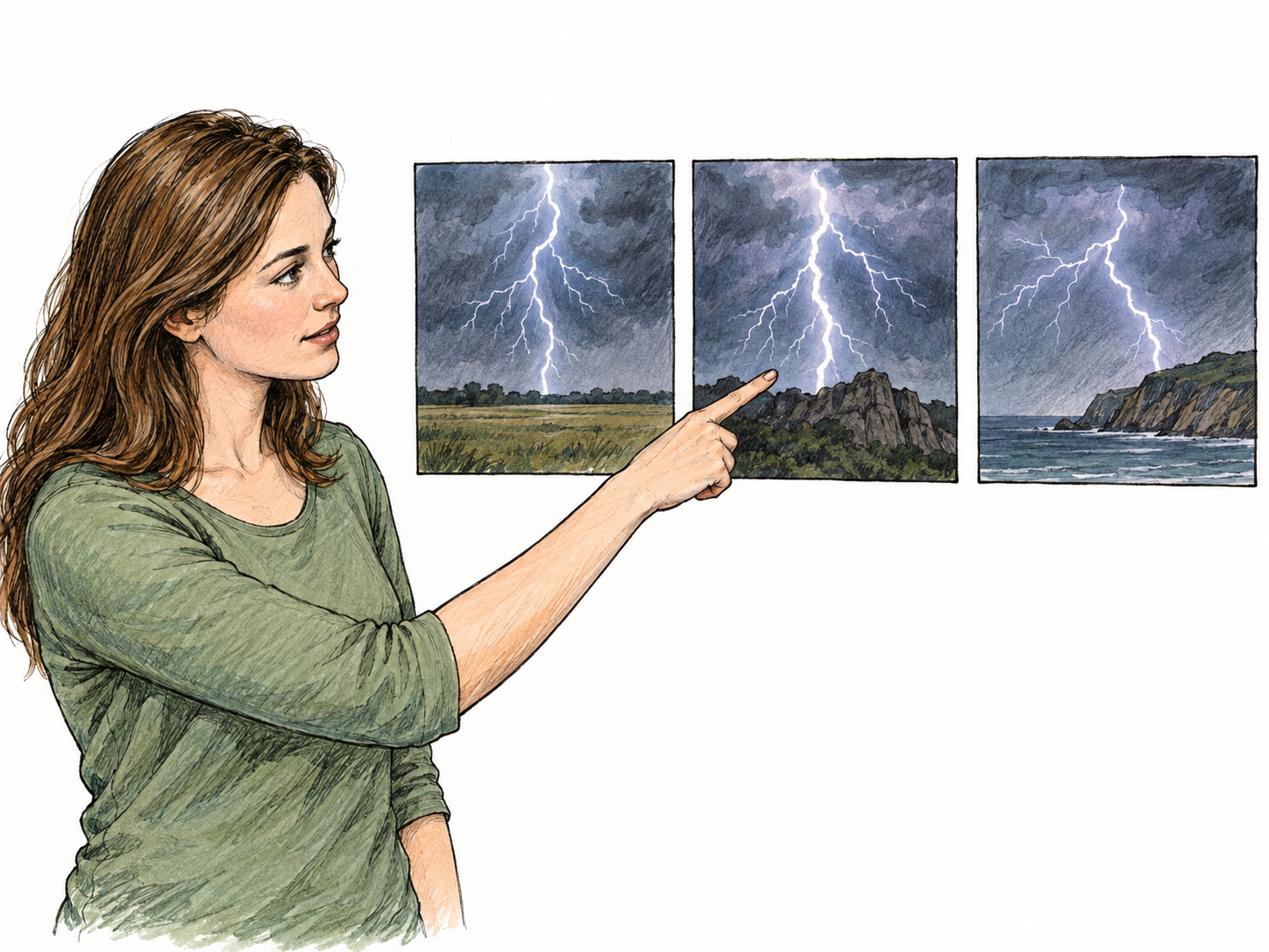 A particular occurrence made concrete: a woman singles out one photograph of a lightning strike among three photographs showing distinct lightning strikes.