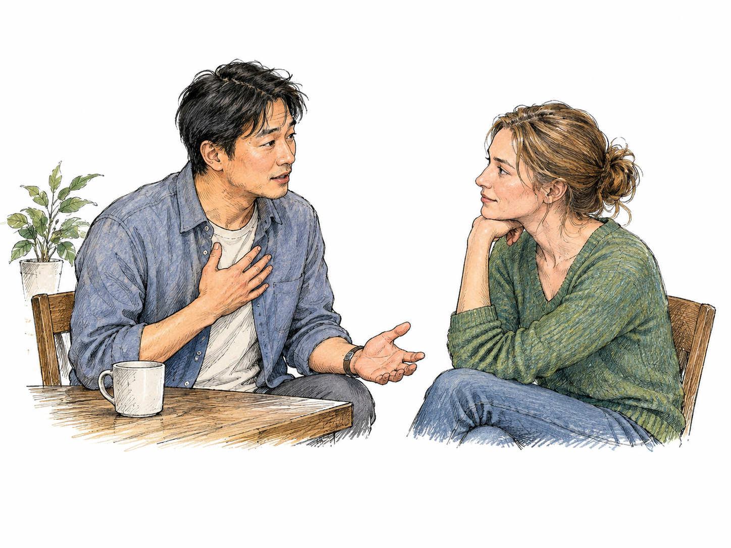 Person offers a modest apology with direct honest eye contact, open hand on own chest, companion listens without drama; no speech bubbles.