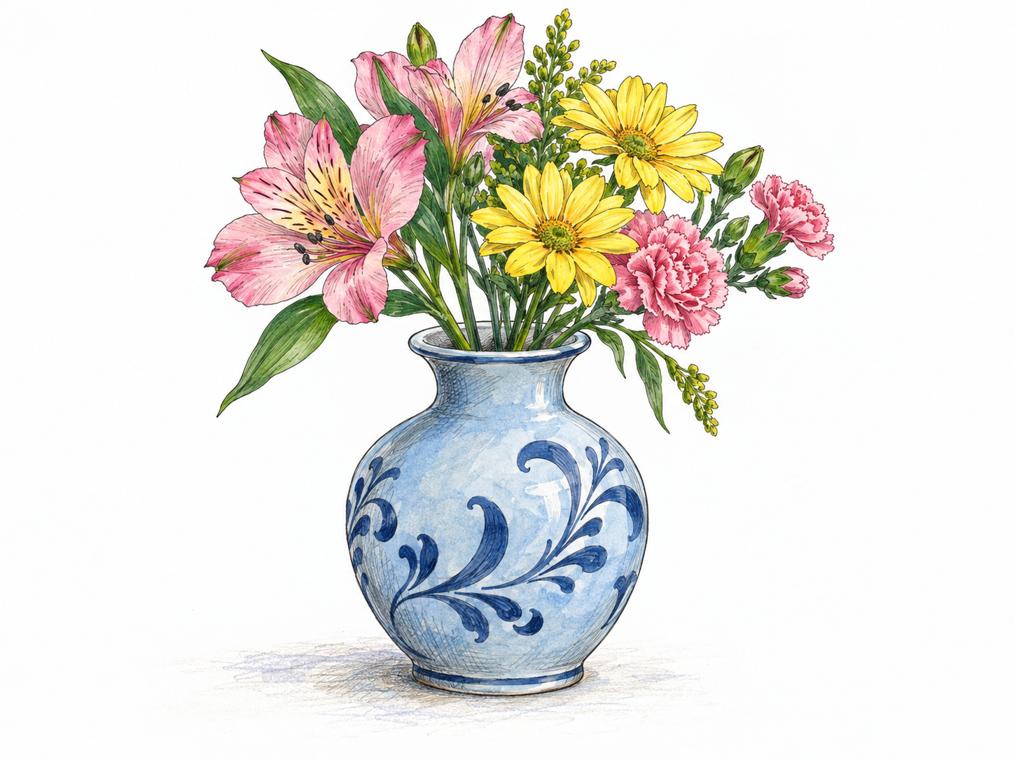 A decorative ceramic vase holding a small arrangement of fresh flowers, isolated so its vessel shape and flower-holding function are immediately clear.