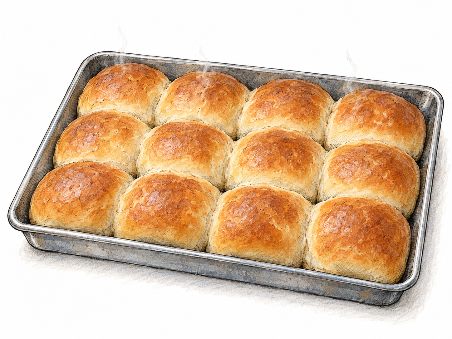 One baking tray holding a group of freshly baked rolls, visibly baked together as a single batch.