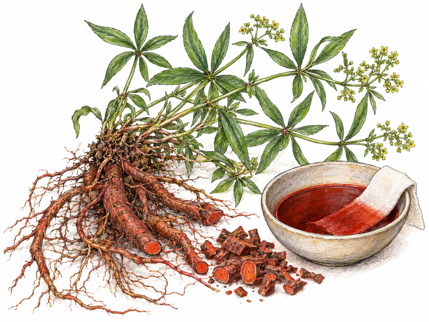 An uprooted madder plant with recognizable whorled leaves and reddish roots, beside chopped roots and a small bowl of brick-red dye with a partially dyed cloth strip.