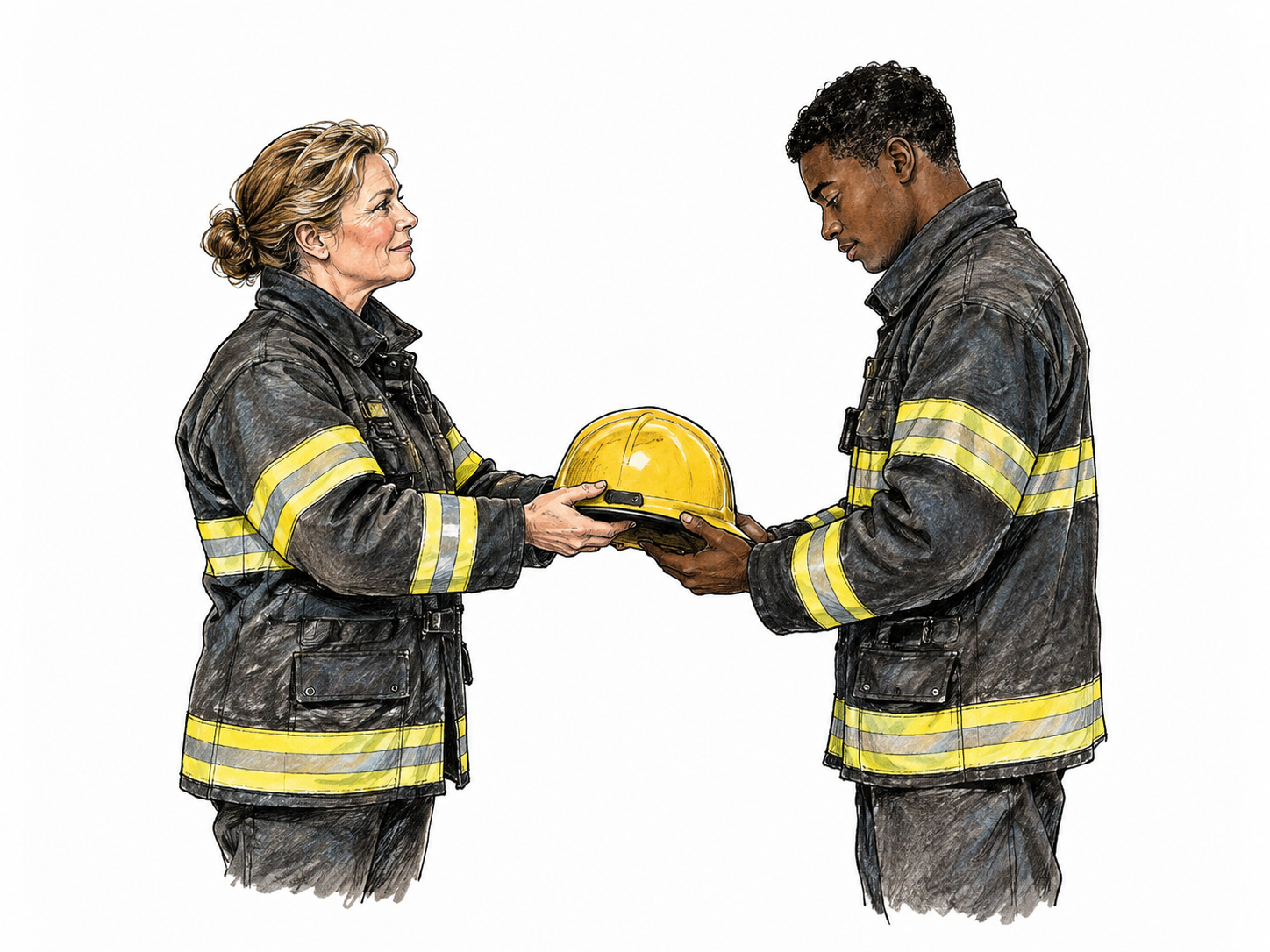 Fire-station leader formally gives a plain helmet to new member, ceremonial admission without insignia or writing.