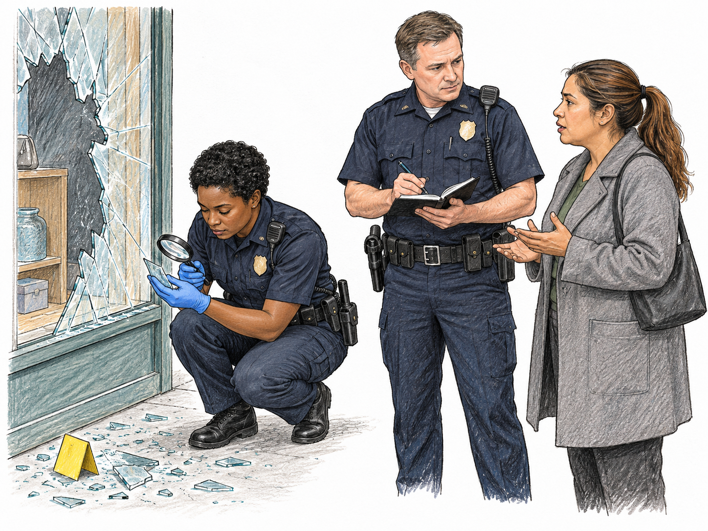 Two police officers investigate broken shop window: one carefully examines evidence with magnifier while other records witness account in blank notebook.