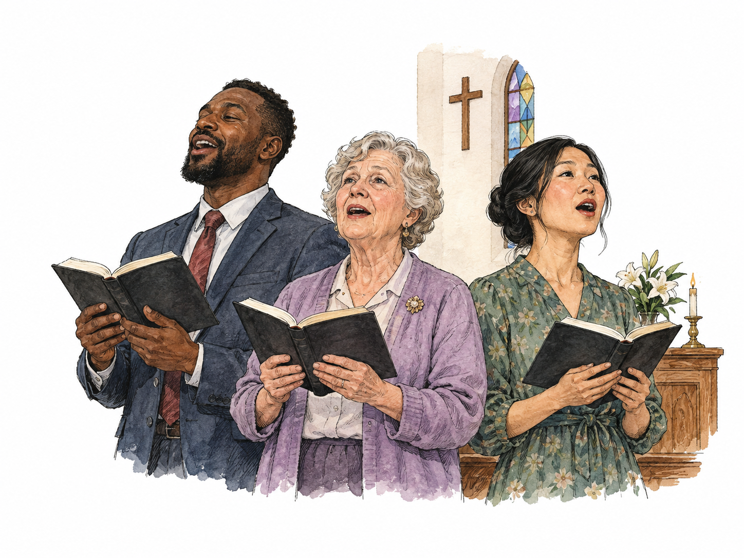 Three worshippers sing together from plain open books inside a minimal church fragment with a small cross, no visible lyrics.