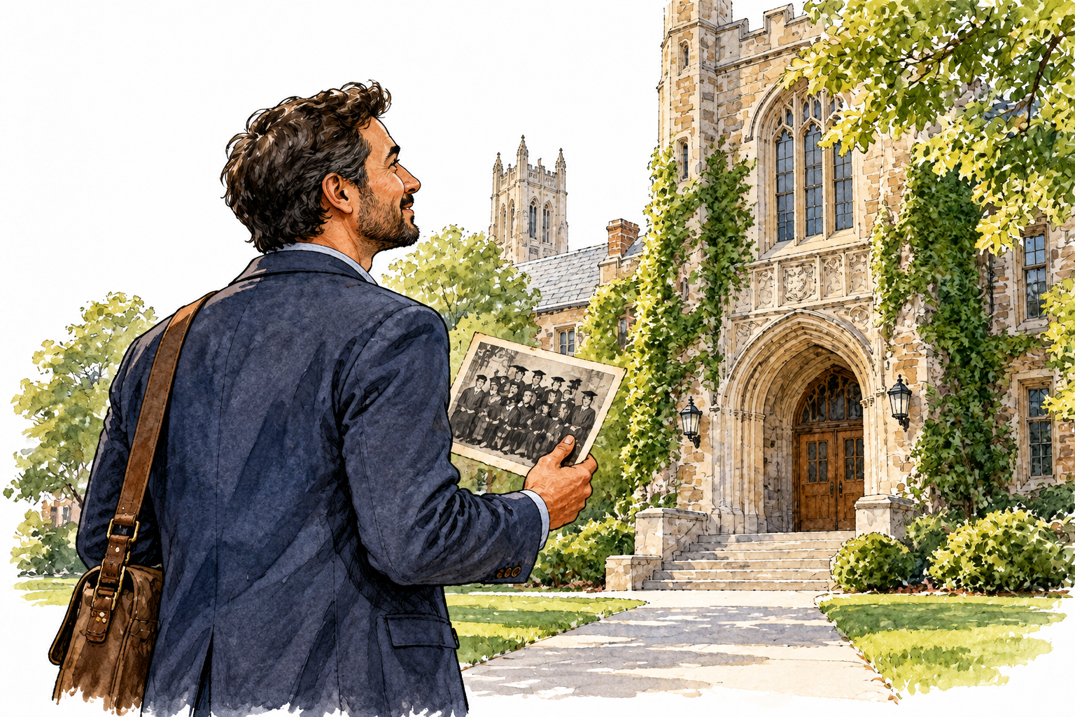 An adult man graduate returns to his former university with an old class photograph.