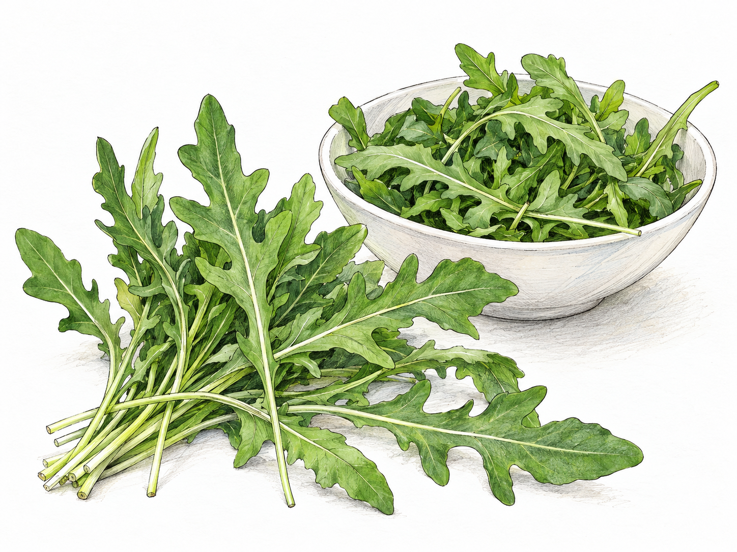 A loose bunch of fresh arugula beside a shallow salad bowl filled with the same distinctive deeply lobed leaves, showing both the identifiable plant and its culinary use.