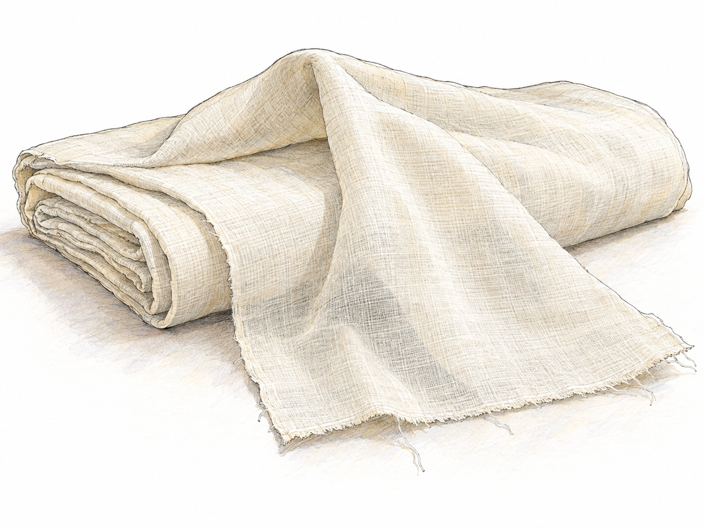A length of plain, lightweight, unbleached cotton muslin partly folded and loosely draped, with a lifted fold revealing its thinness and an exposed raw edge showing its simple woven construction.