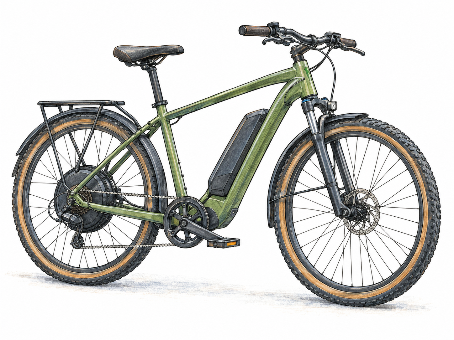 A single electric-assist bicycle combines ordinary pedals and a chain drive with a clearly visible battery and electric hub motor, presenting one functional object made from two propulsion systems.