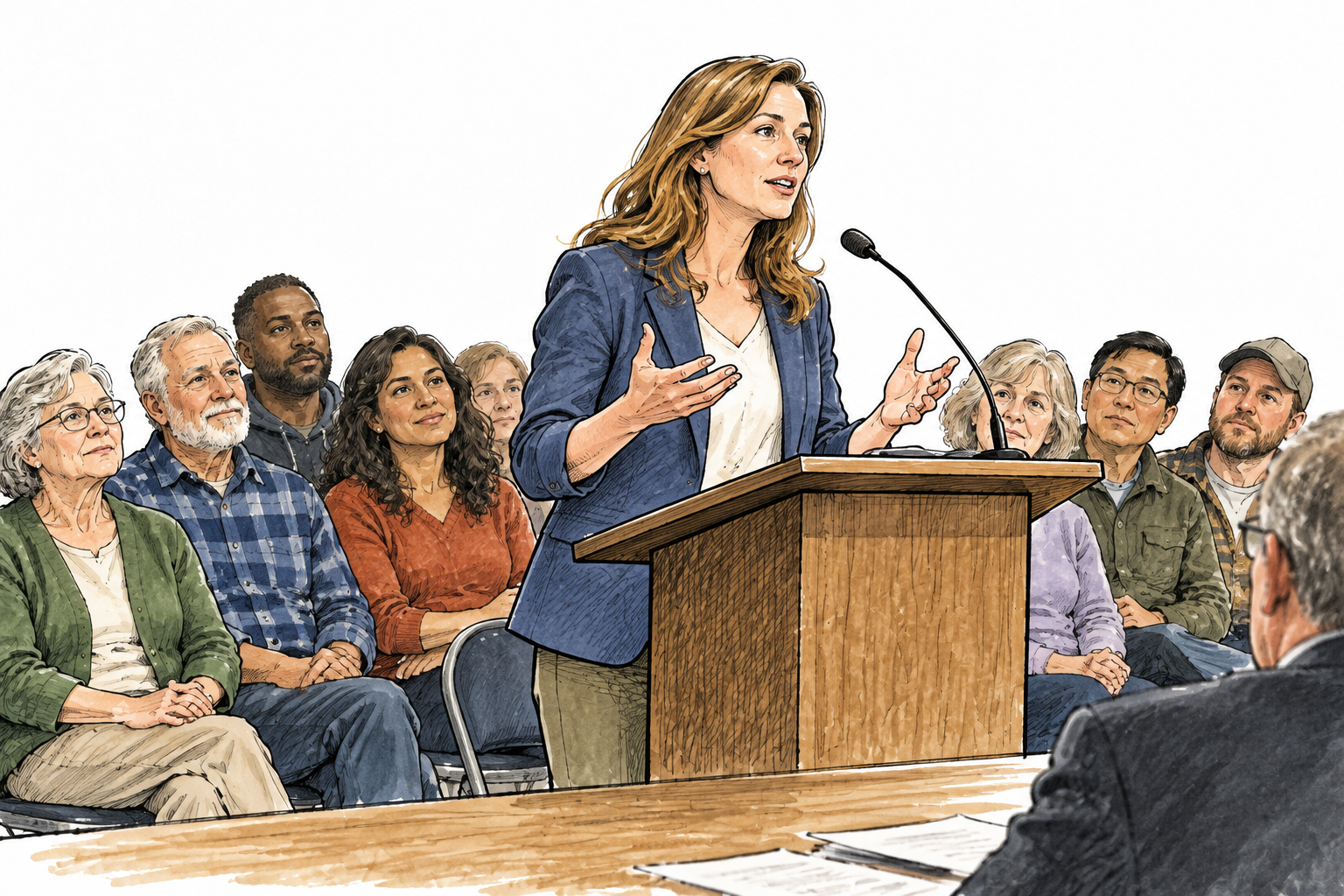 White female advocate speaks at a town meeting on behalf of neighbors seated behind her, no text.