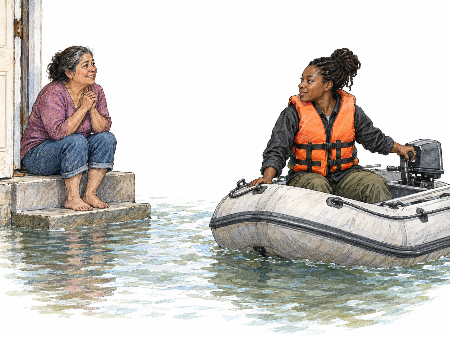 A stranded woman waits on a small flood-surrounded doorstep, looking with intense hope toward a woman approaching in a rescue boat—the awaited arrival of someone believed able to save her.