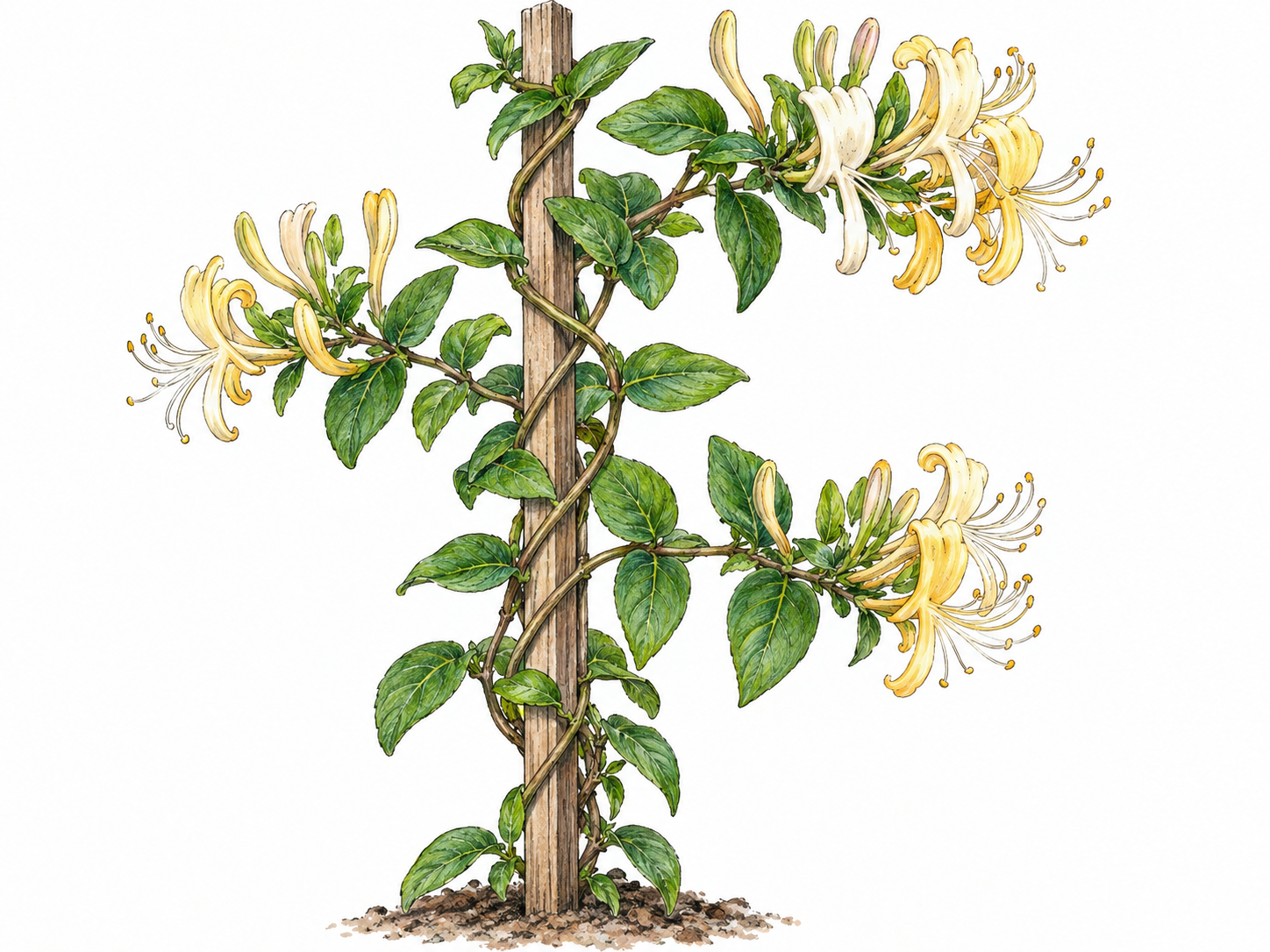 A flowering honeysuckle vine visibly twines upward around a plain wooden support, with recognizable tubular cream-and-yellow flowers and paired oval leaves.