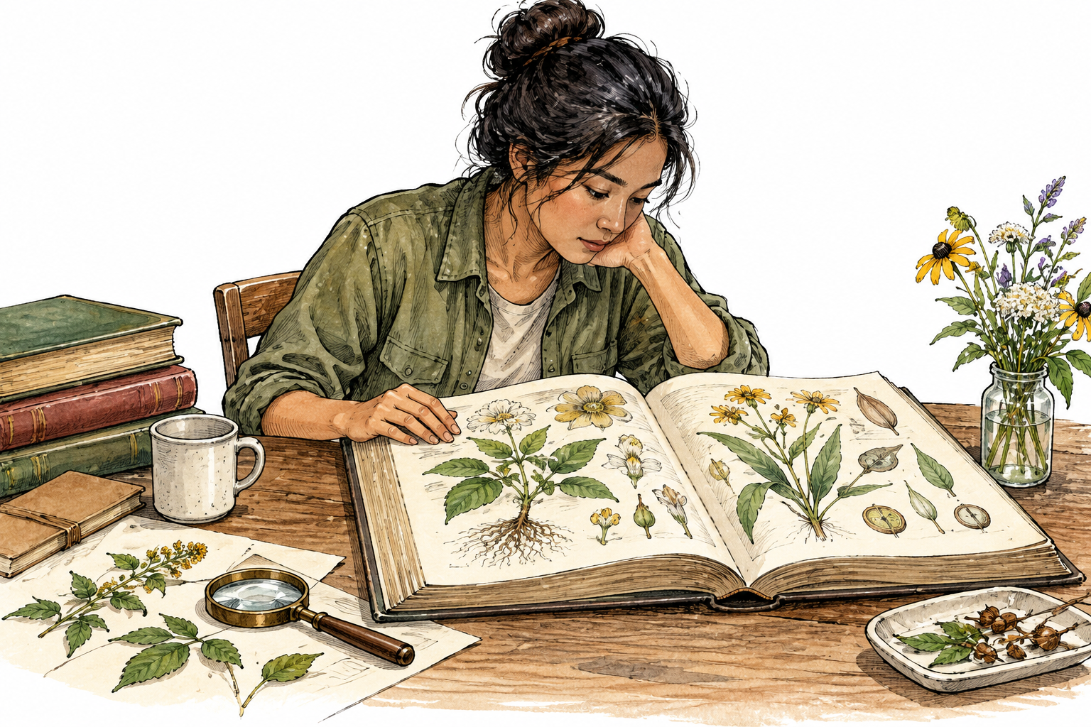 A scholar consulting a substantial open study volume with meticulous detailed botanical diagrams, no actual writing anywhere.