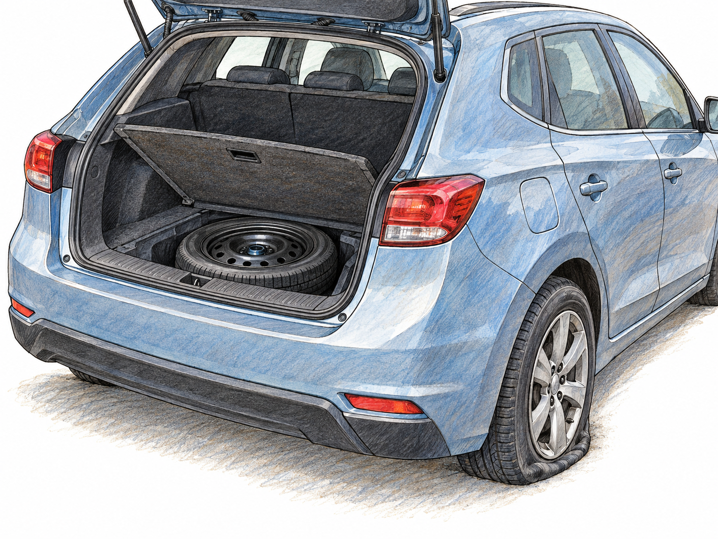 An open car trunk holds a ready spare wheel directly above a visibly flat rear tire, showing a reserve available when the primary equipment fails.