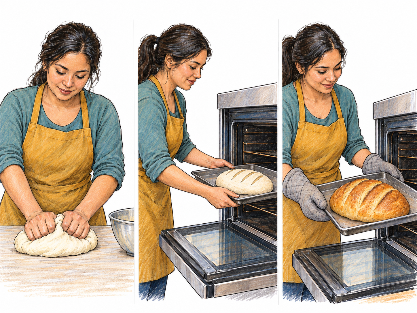 Making a loaf of bread involves preparing dough and baking it: a compact three-stage sequence makes the included work visible rather than showing only someone participating in an activity.