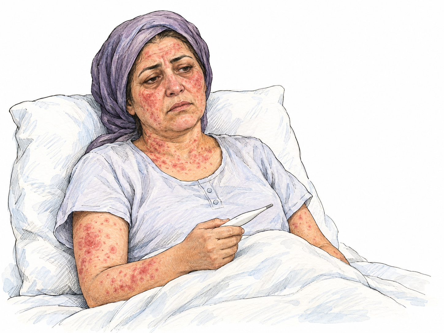 An older woman resting with a fever and a visible red rash across her face, neck, and upper arms, holding a plain thermometer beside her bed.