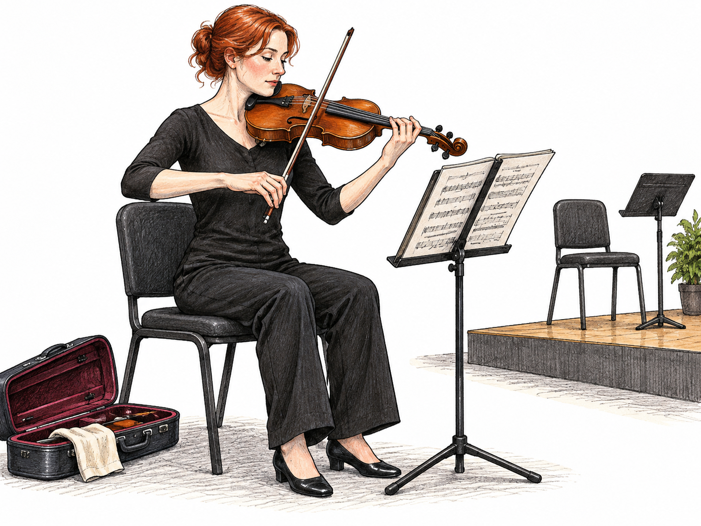 A musician performs warm-up exercises before a small scheduled performance setup; preparatory activity, no decorative music glyphs.