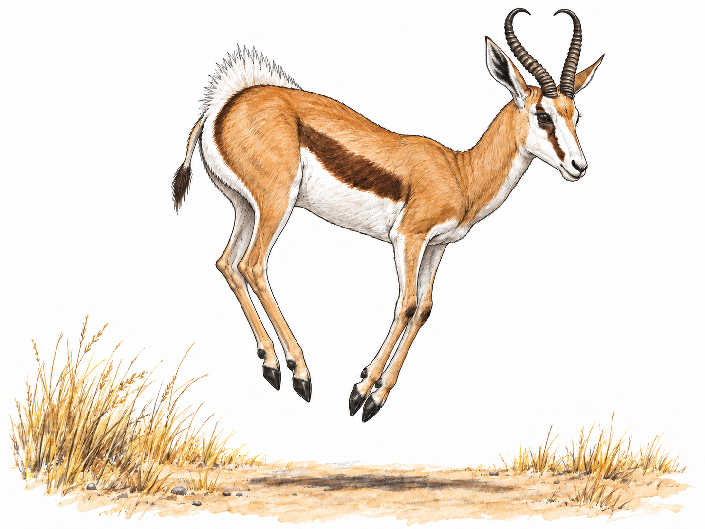 A single unmistakable springbok caught in a high, stiff-legged pronking leap above sparse southern African grassland, with its distinctive markings and raised white rump fan clearly visible.