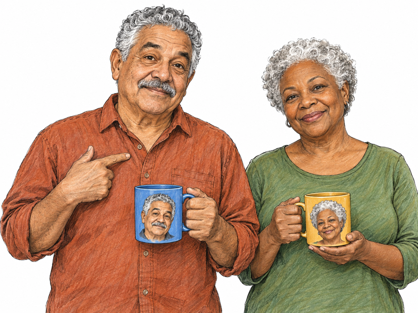 An older man indicates that a personalized mug is his: he holds the mug bearing his own recognizable portrait and points to his chest.