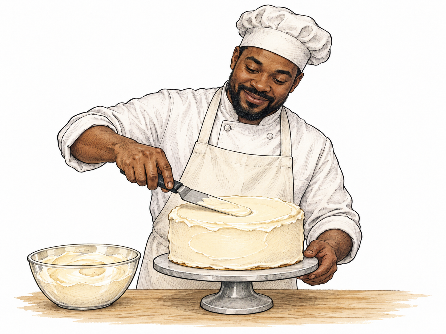A baker spreads smooth pale sweet icing onto a plain cake with an offset spatula, no decorative letters.