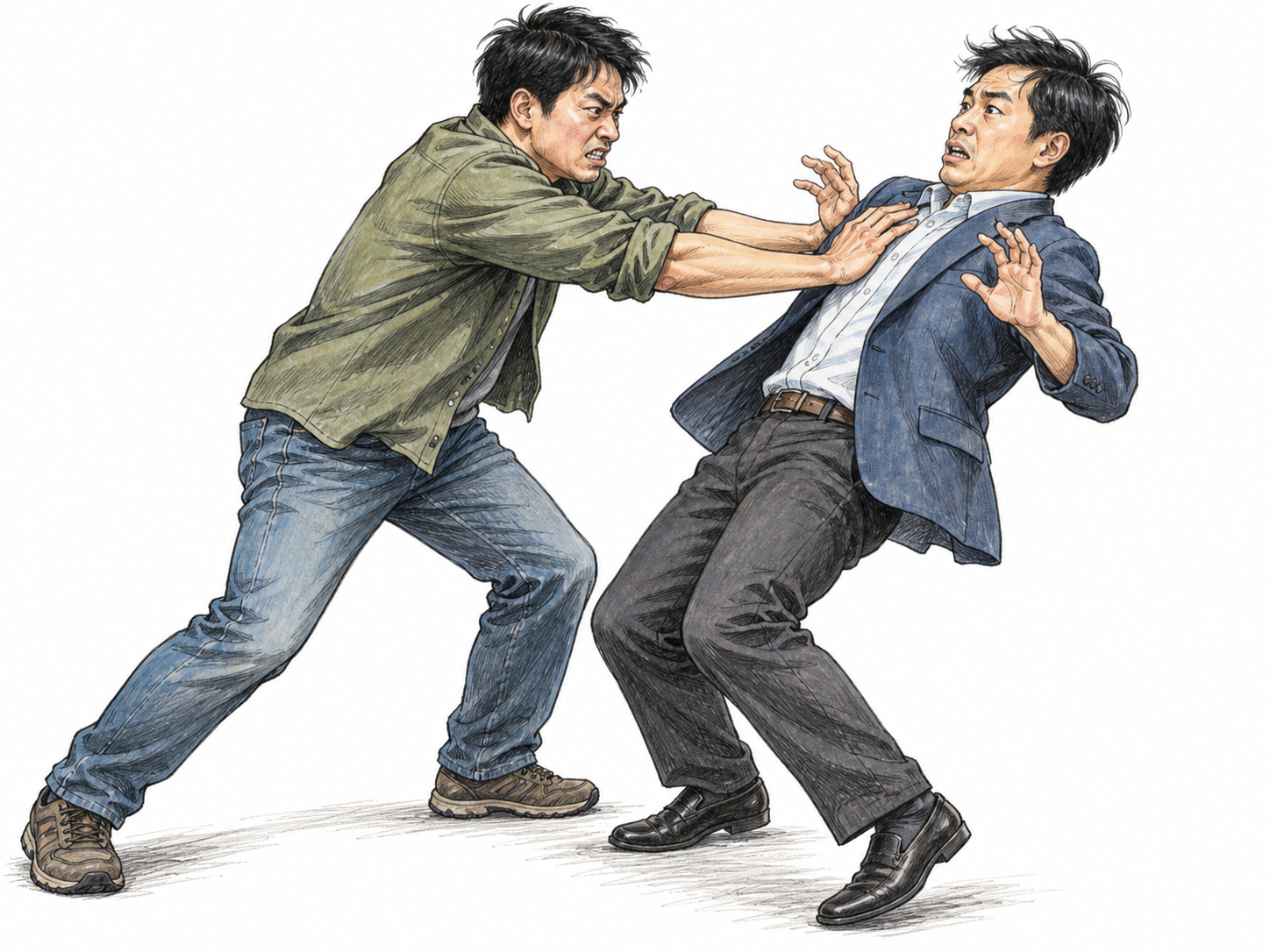 An aggressor violently shoves another adult backward by the upper shoulders; the victim braces to stay upright, non-graphic and no injury detail, no weapons or celebratory tone.
