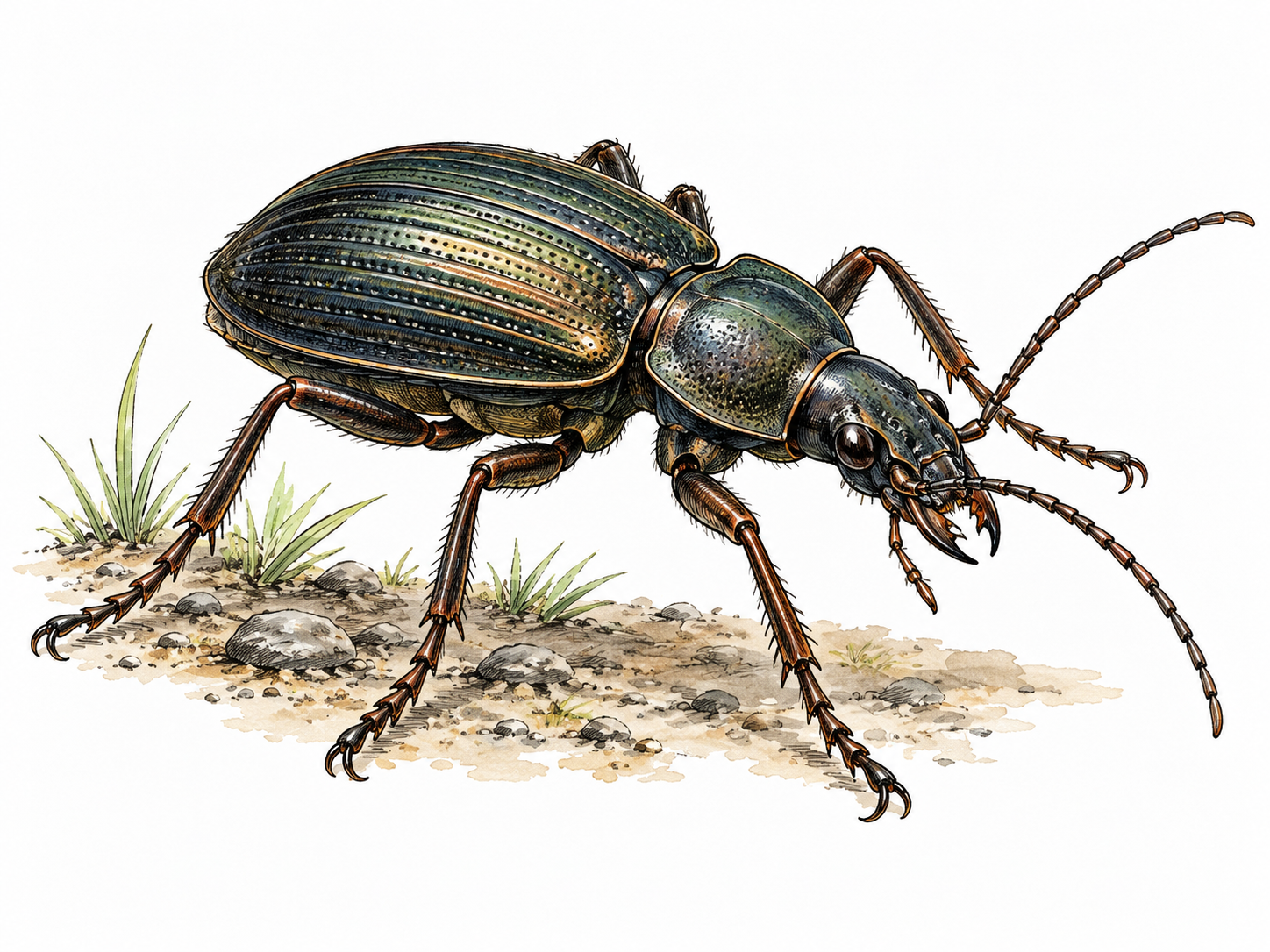 Detailed beetle showing six jointed legs, segmented body and hard exoskeleton.