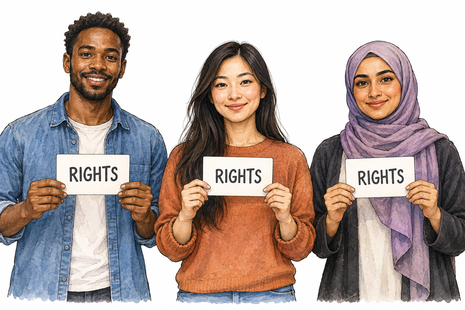 Three people of different backgrounds receive identical rights documents, equal-size cards marked RIGHTS, all stand level.