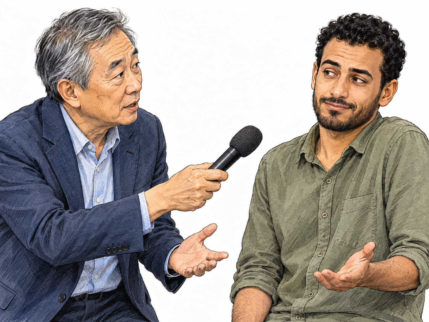 A man responds guardedly to an interviewer's direct inquiry: he leans away from the offered microphone, gives a tight, knowing half-smile, and makes a small noncommittal shrug rather than an open response.