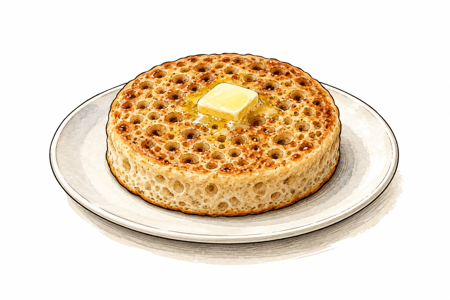 Round golden crumpet with characteristic porous hole-filled top and spongy cut edge, small pat of butter, plain plate.