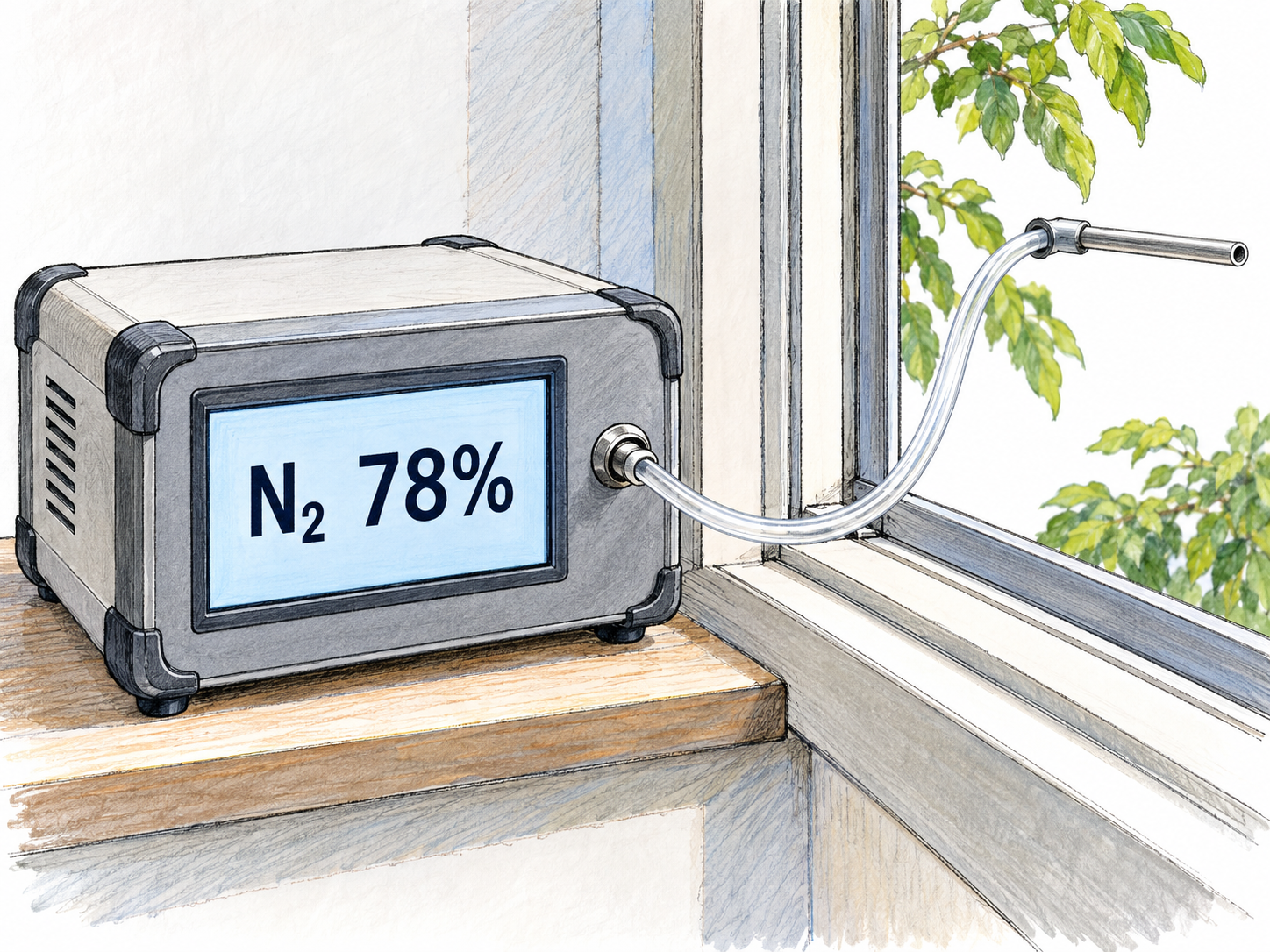 Identify nitrogen as a colorless gas comprising most atmospheric air through a real ambient-air measurement, rather than a visible gas cloud or an oxygen-removal experiment.