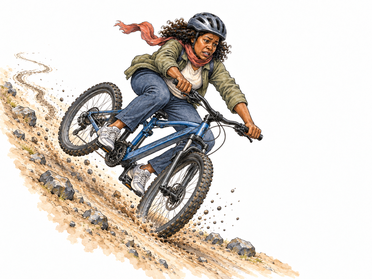 A cyclist hurtles downhill, bicycle leaning sharply and front wheel veering sideways as she struggles to keep her balance.