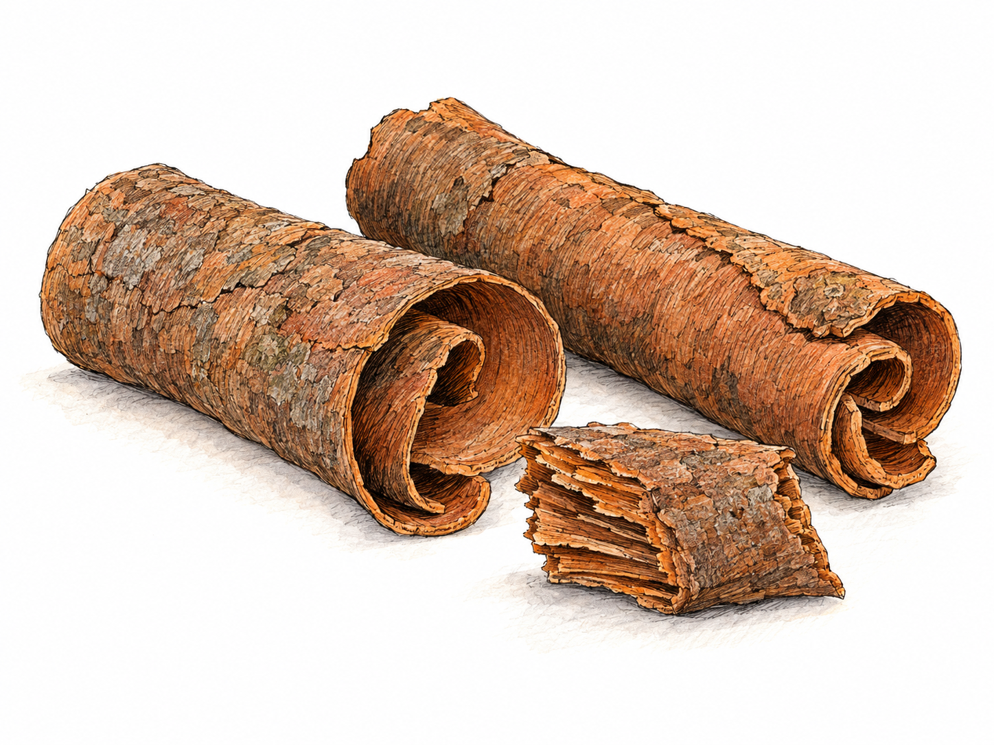 A small cluster of reddish-brown cassia bark pieces, showing thick, woody walls and loosely curled edges, with one broken piece revealing its layered cross-section.