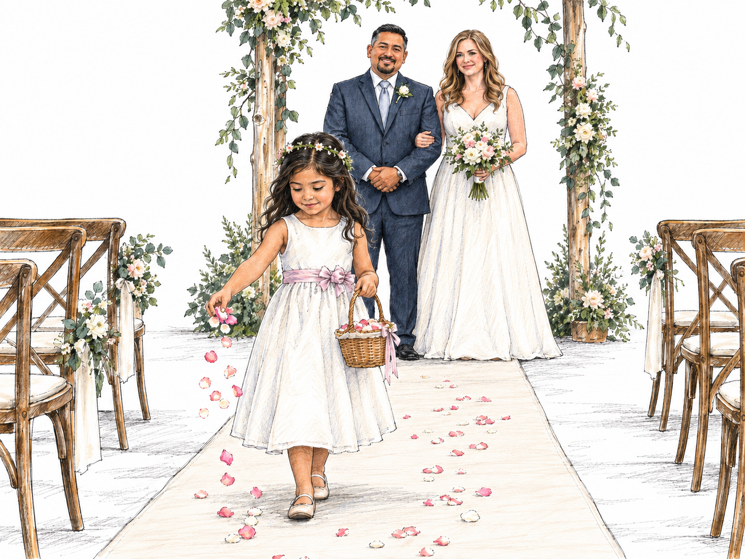 A flower girl scatters petals ahead of a bride and groom waiting at the entrance to a wedding aisle: a small introductory action visibly precedes the main ceremonial entrance.