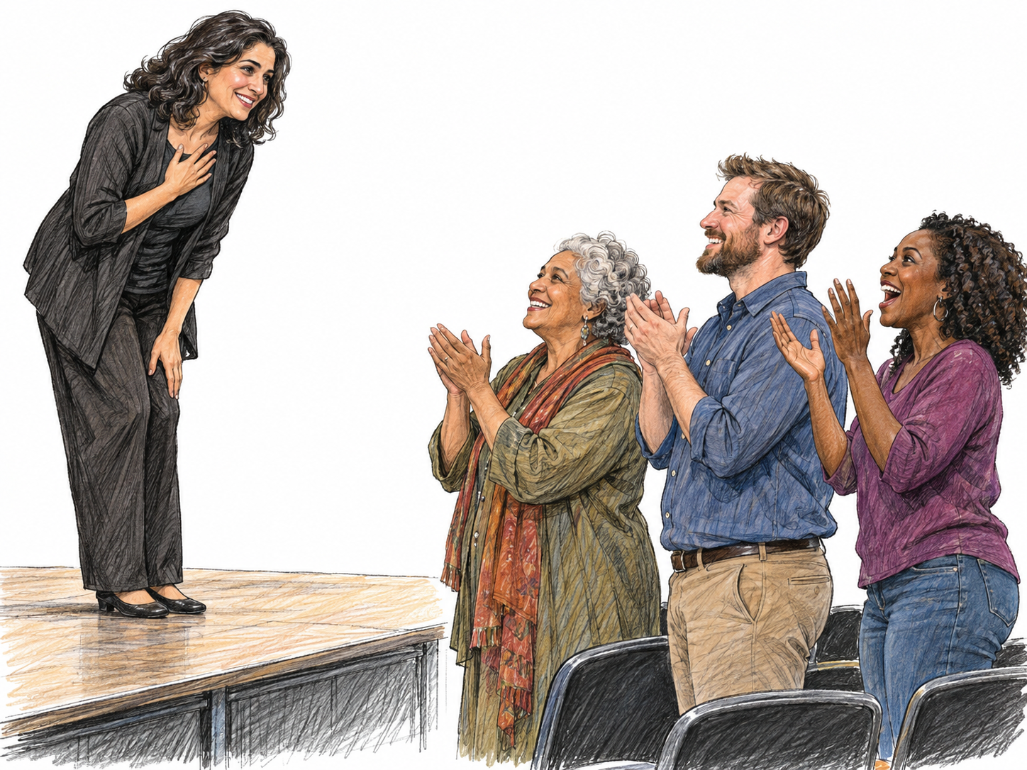 A performer takes a modest bow on a low stage while a small standing audience beams and applauds enthusiastically, making public approval visible.