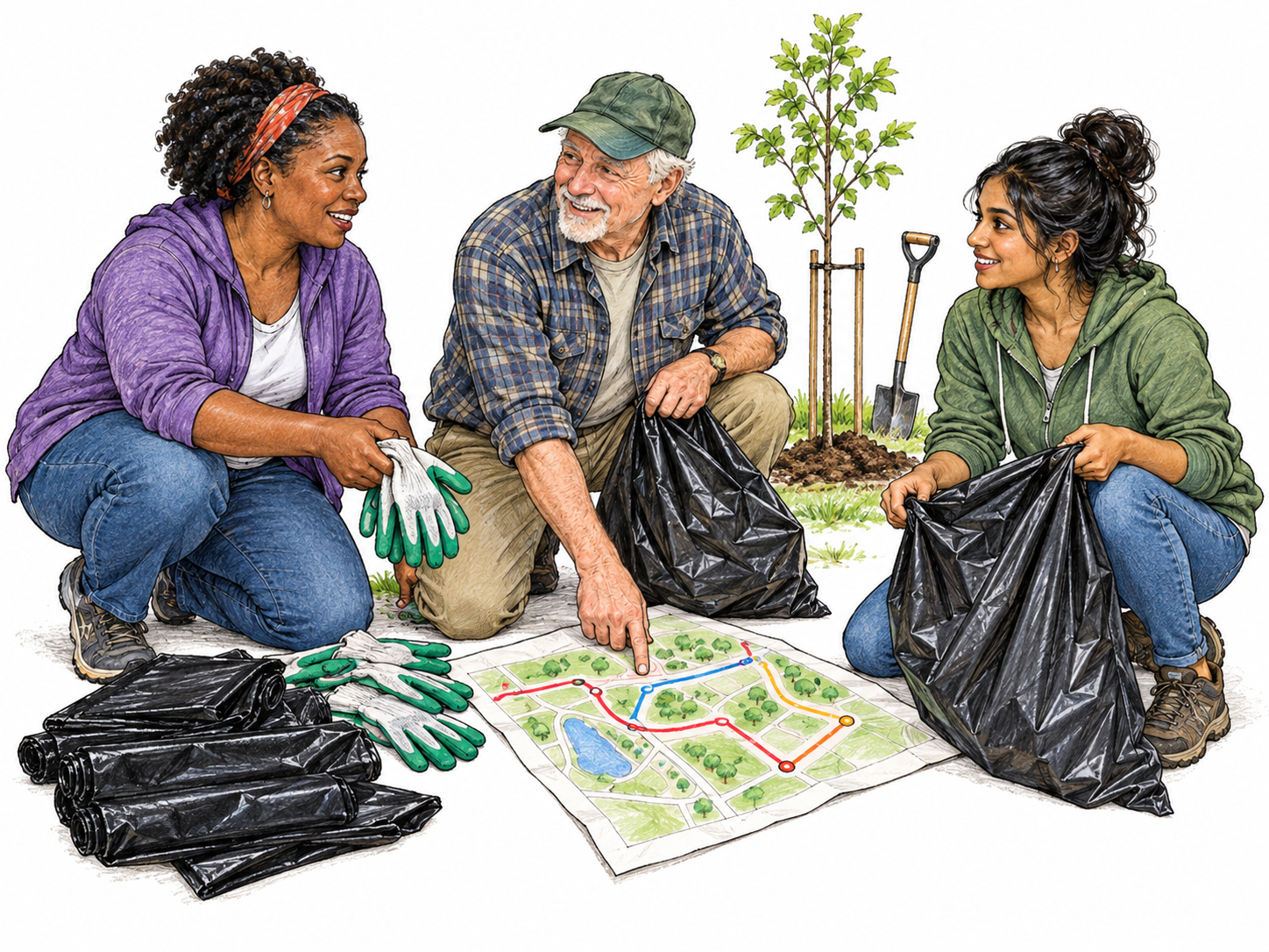 Three neighborhood volunteers coordinate a park-cleanup campaign, sharing gloves and rubbish bags around a small simple map with colored route lines but no words; one planted sapling signals shared goal.