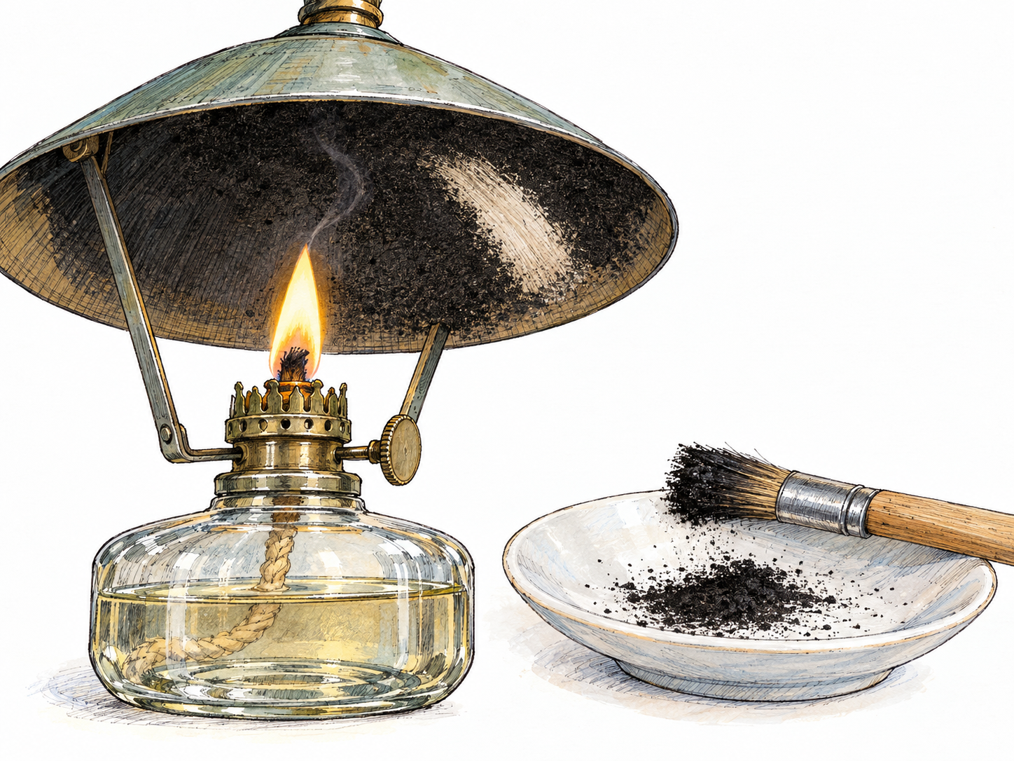 Close-up of a small oil lamp beneath a smoke-blackened metal shade, with loose black soot brushed from the shade onto a white saucer.