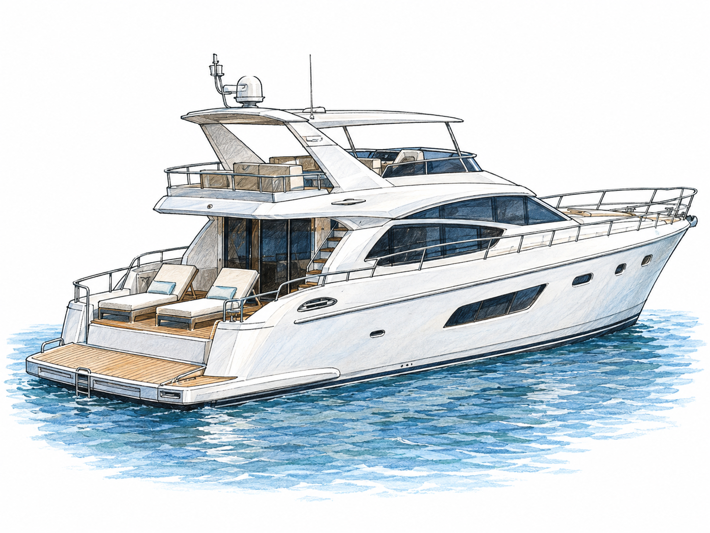 A sleek private motor yacht shown in three-quarter side view, with a streamlined white hull, enclosed cabin, open leisure deck and cushioned sun loungers, floating on a small patch of calm blue water.