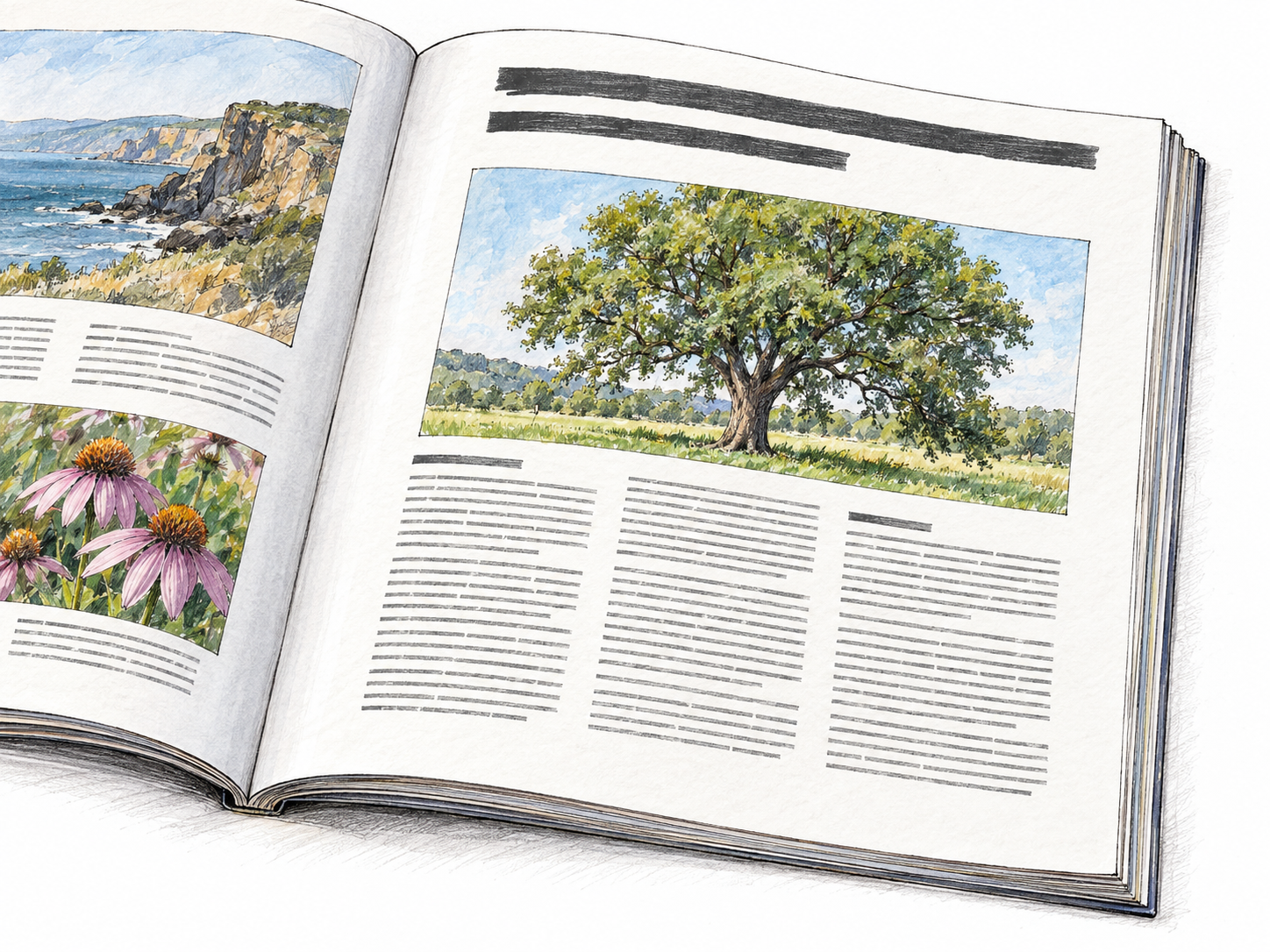 An open magazine with a single clearly bounded feature article occupying the right-hand page: a prominent headline-shaped ink block, a small photograph, and several compact columns of simulated print.
