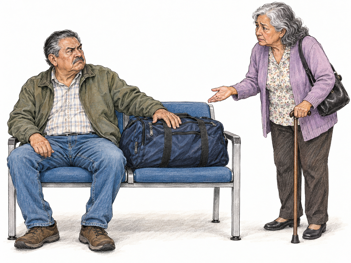 On a public waiting-room bench, a man occupies one seat and leaves his bag on the other.