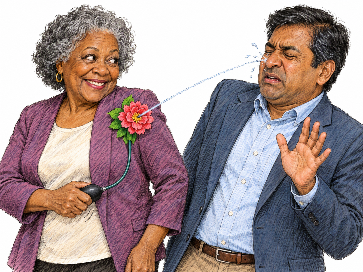 An older woman plays a harmless squirting-flower prank on a middle-aged man: she mischievously squeezes the concealed bulb while a small jet of water from her lapel flower splashes his nose.