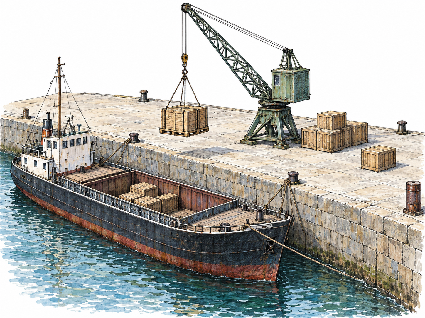 A cargo vessel moored beside a broad, solid masonry quay, with a dockside crane lifting a cargo pallet from the vessel onto the platform.