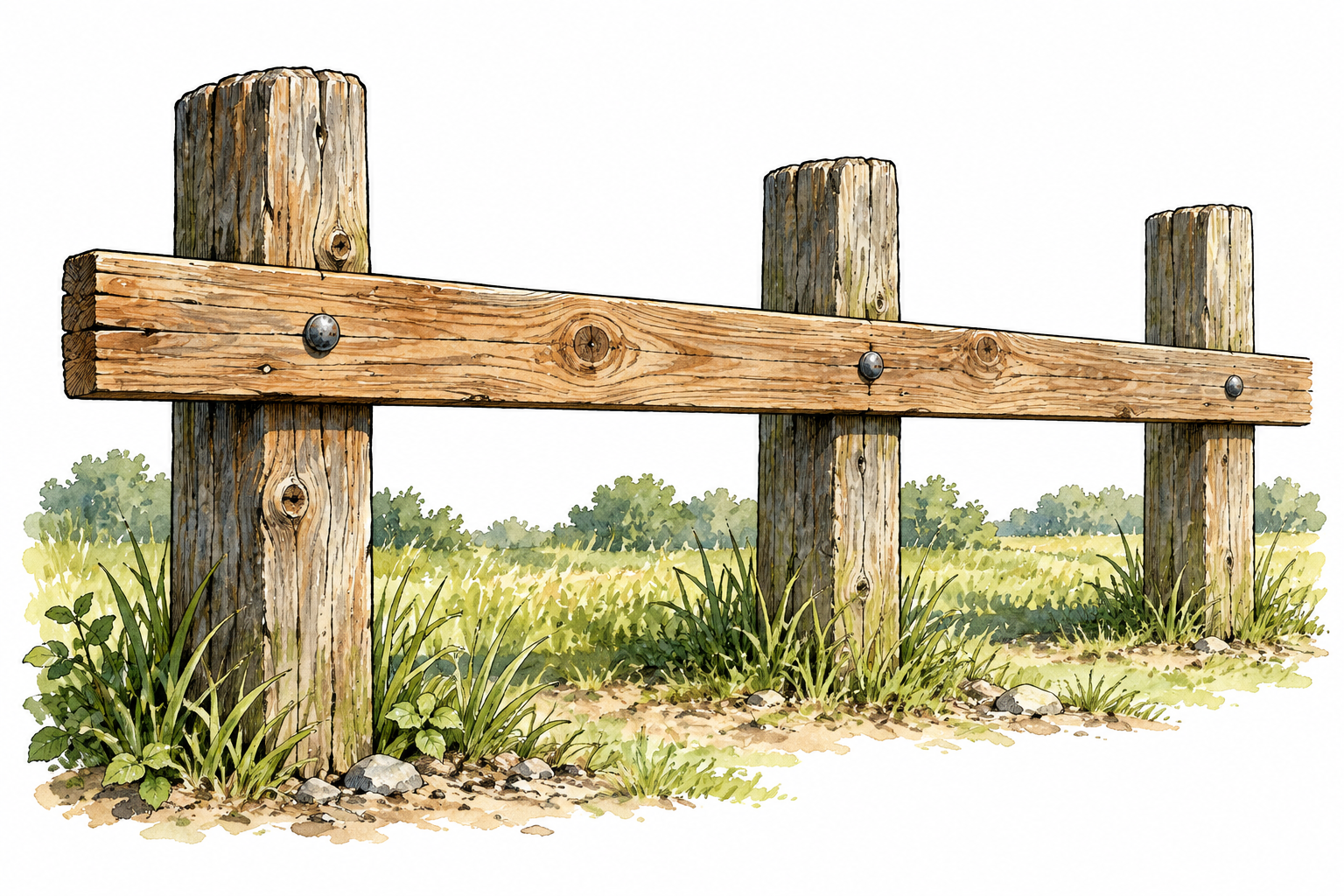 A horizontal wooden brace runs across several upright fence posts at right angles, clear crosswise relation, no letters.