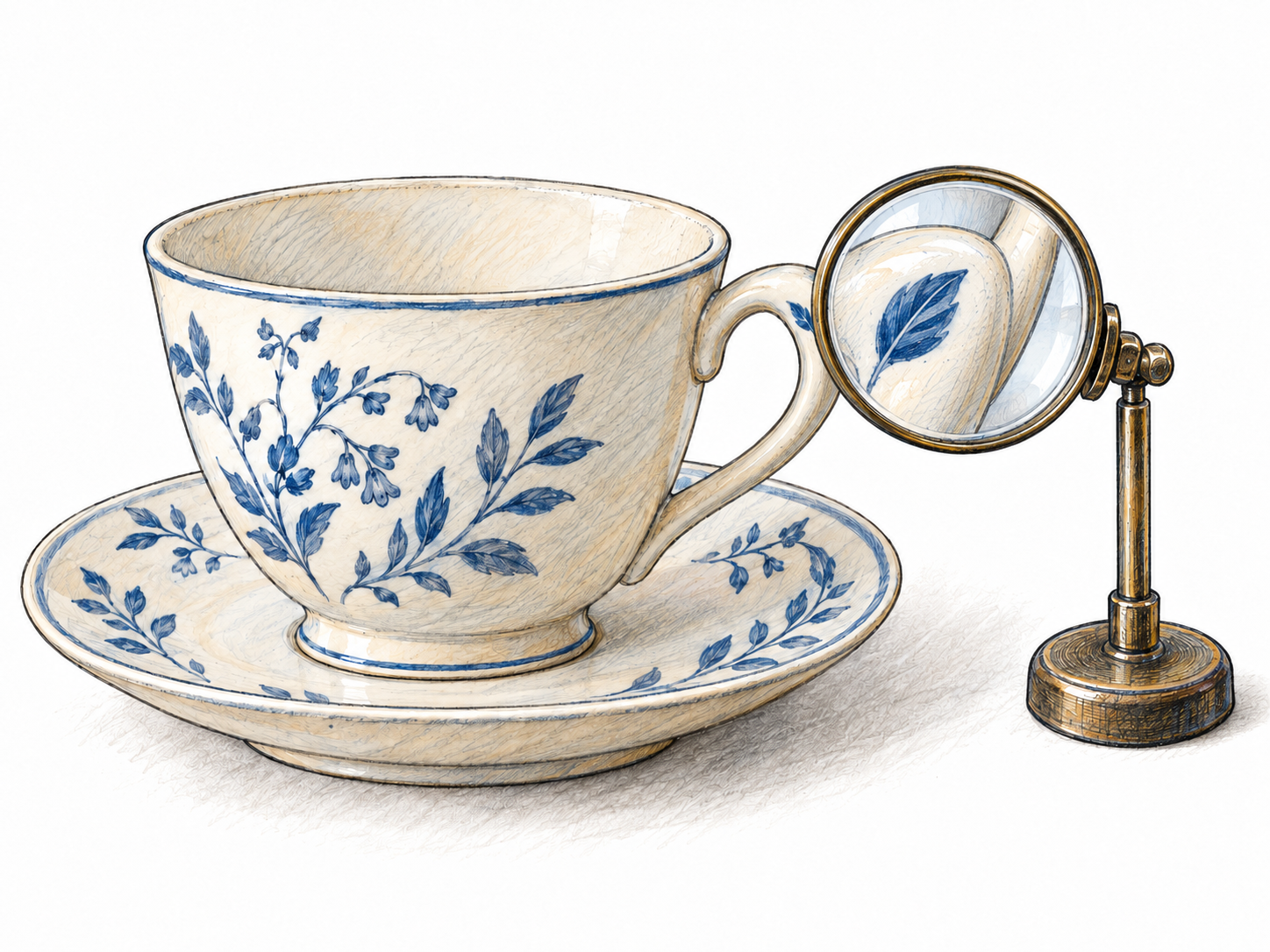 A magnifying glass isolates one tiny decorative leaf on the handle of a teacup, emphasizing a small, easily overlooked detail rather than the object as a whole.