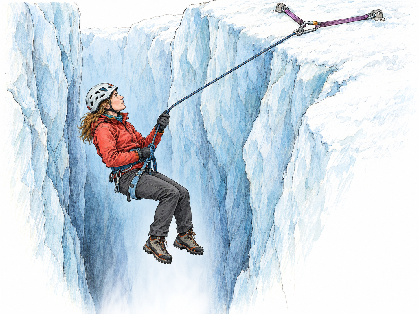 A climber hangs inside an ice crevasse with no foothold, supported by a taut rope attached to a securely installed ice anchor above.