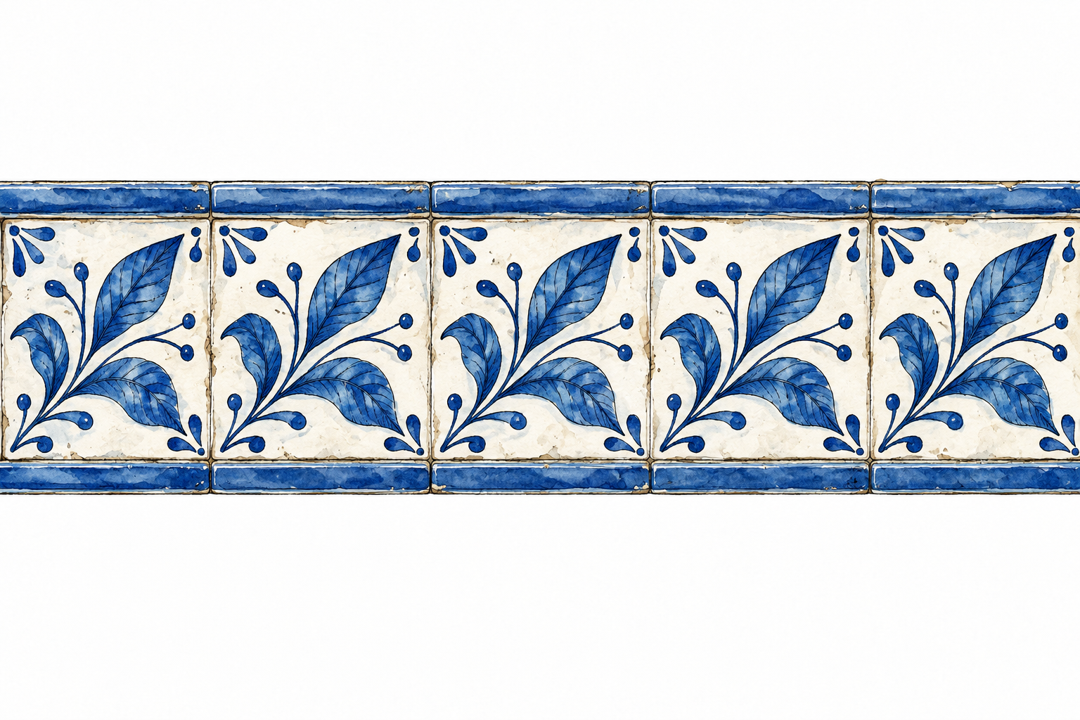 A decorative tile border repeats the same blue leaf motif at regular intervals, clear recurring visual design.