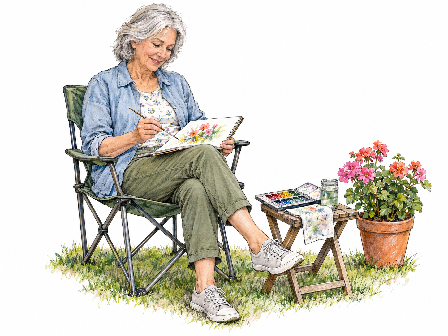 An older woman enjoys a leisurely watercolor-painting session outdoors, smiling as she paints a small pot of flowers beside her folding chair.