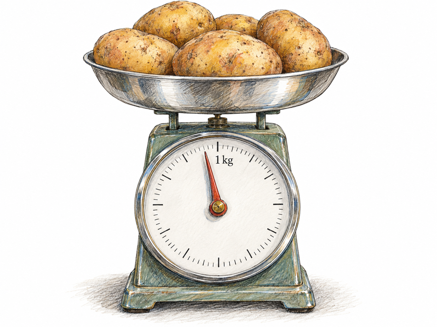 Illustrate the approximate-amount sense with a mechanical kitchen scale holding potatoes: its pointer falls just short of the prominent one-kilogram mark.
