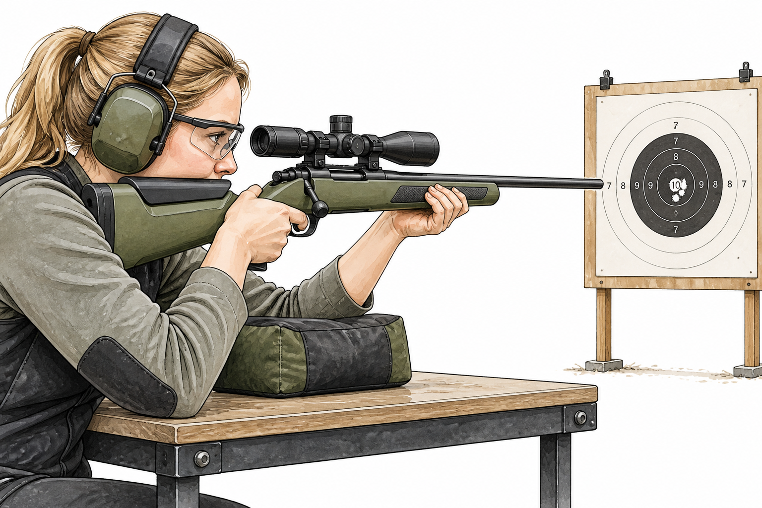 White woman sport rifle shooter with hearing and eye protection at safe target range, tight grouping in bullseye visible, barrel points only downrange.